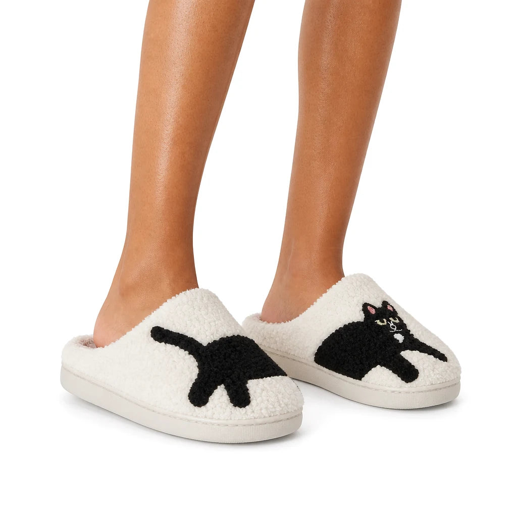Chaussons Moumoute Chat Noir Bochausson porté aux pieds, femme