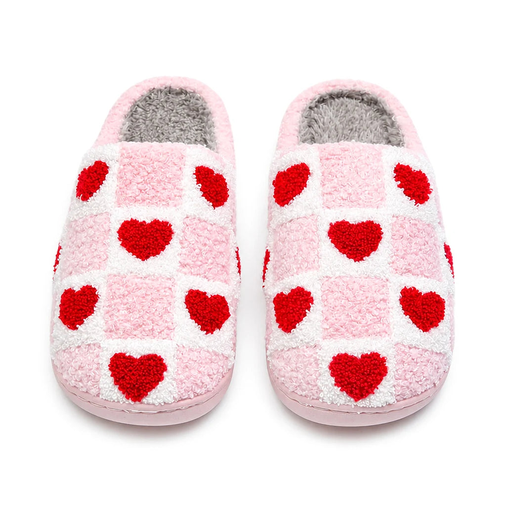 Chaussons Moumoute Damier Cœurs Rouges Bochausson coloris Rose, vue de dessus de la paire