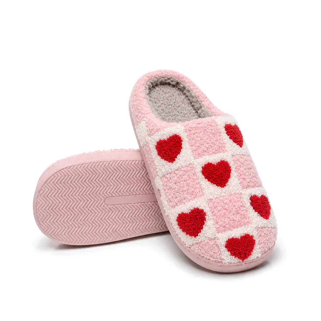 Chaussons Moumoute Damier Cœurs Rouges Bochausson coloris Rose, semelle antidérapante
