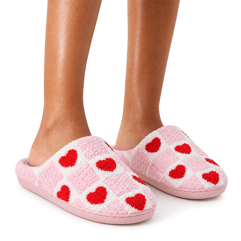 Chaussons Moumoute Damier Cœurs Rouges Bochausson coloris Rose, porté aux pieds, femme