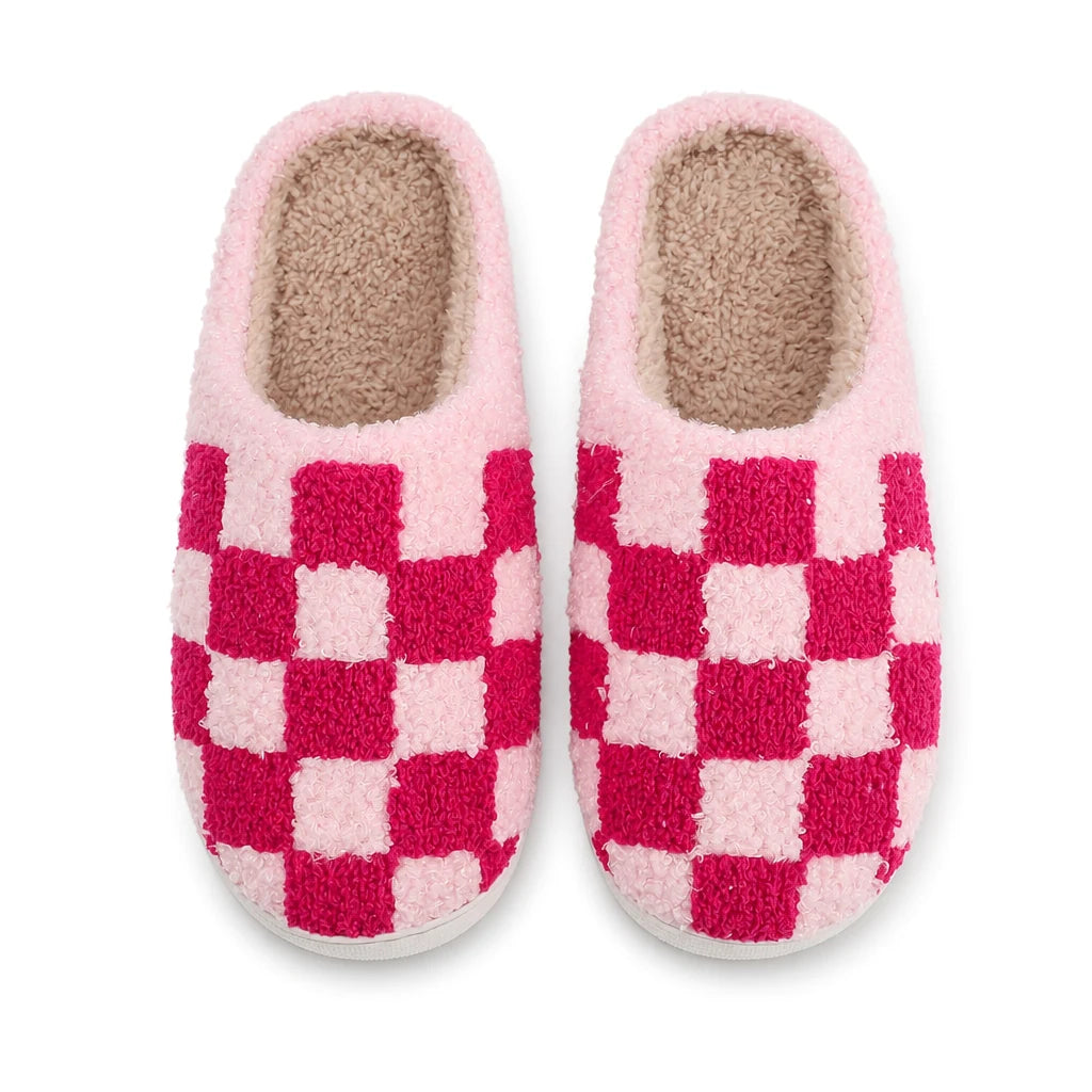 Chaussons Moumoute Damier Bochausson coloris Rose fushia, vue de dessus de la paire