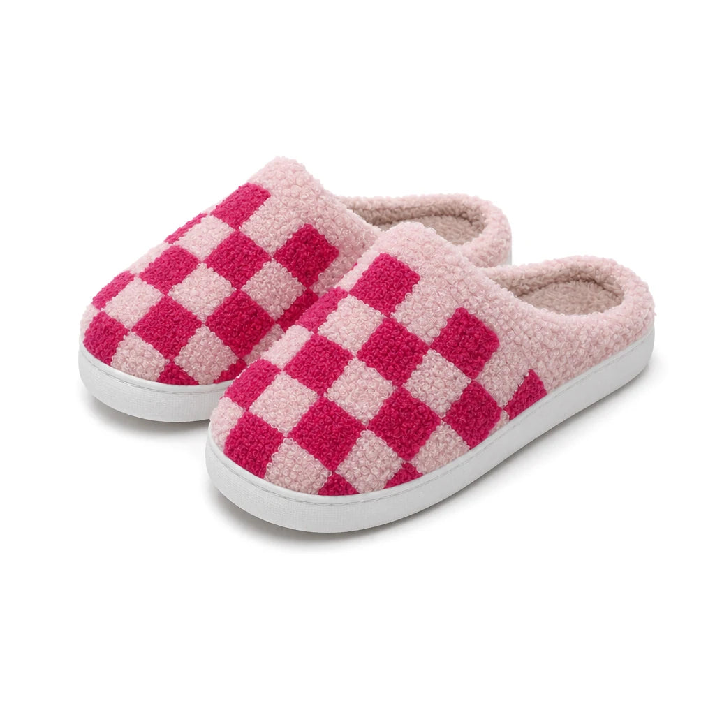 Chaussons Moumoute Damier Bochausson coloris Rose fushia, vue trois-quarts de la paire