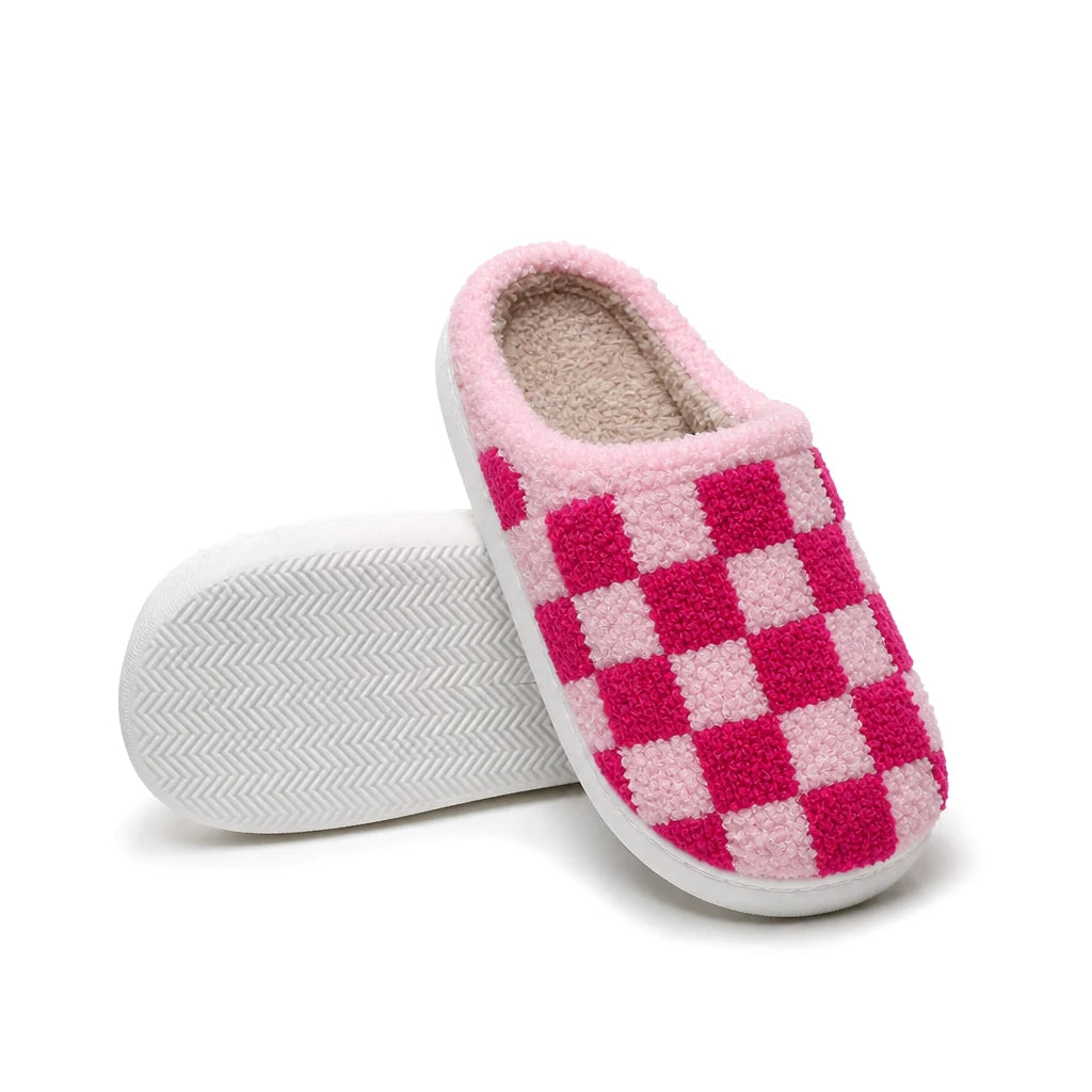 Chaussons Moumoute Damier Bochausson coloris Rose fushia, semelle antidérapante