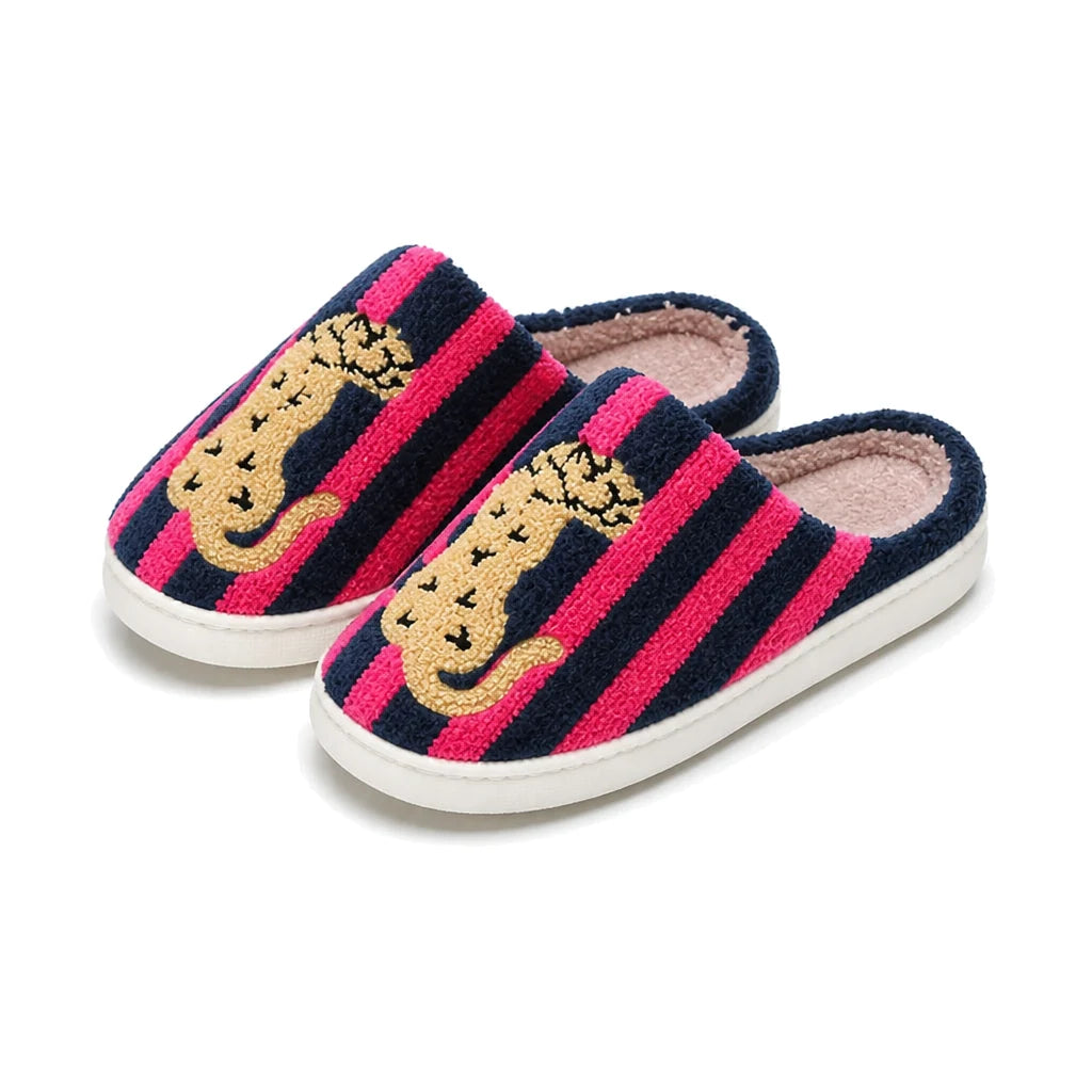 Chaussons Moumoute Léopard Bochausson coloris bleu marine, vue trois-quarts de la paire