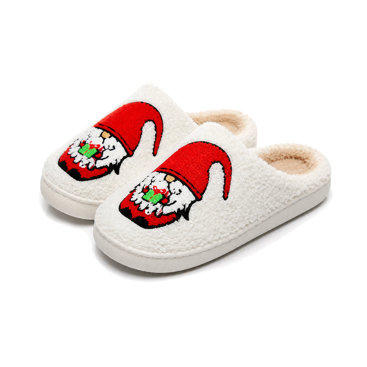 Chaussons Moumoute Lutin de Noël Rouge Bochausson vue trois-quarts de la paire