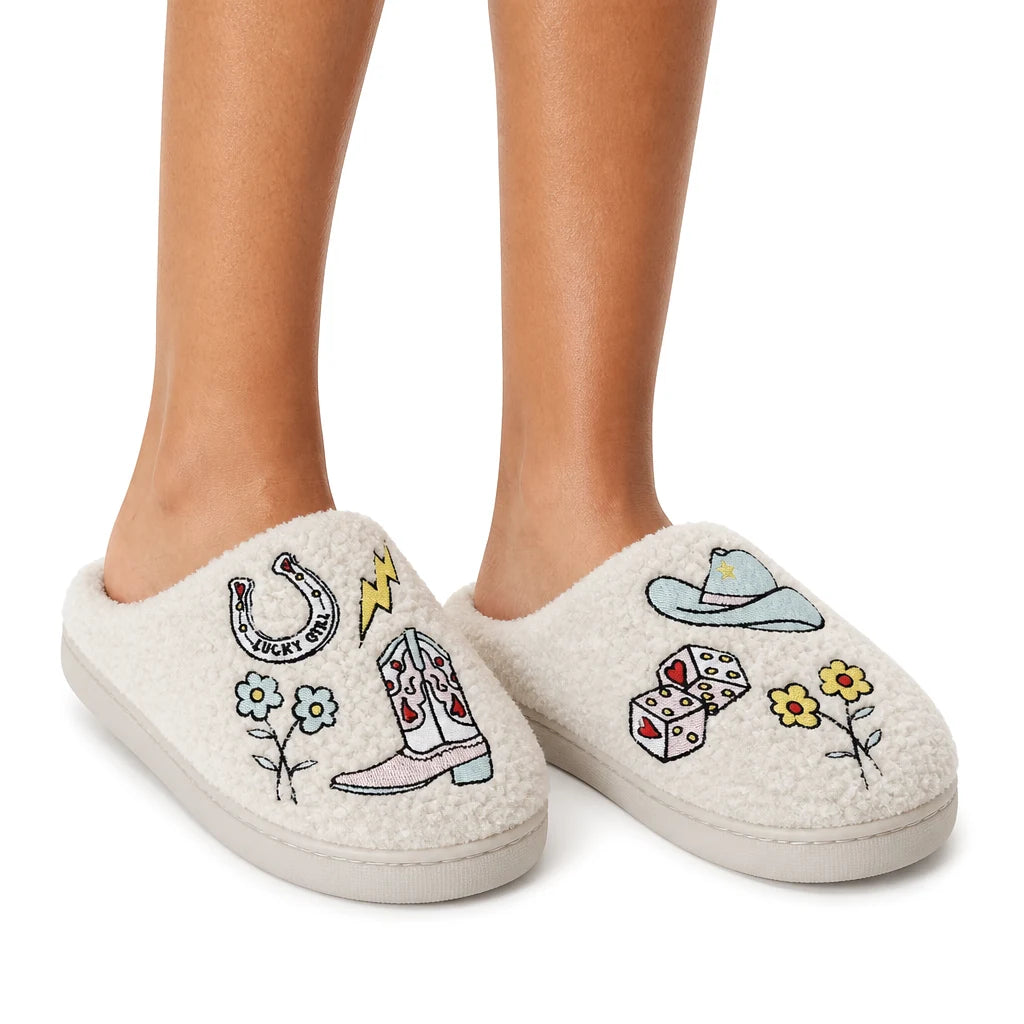 Chaussons Moumoute Motifs Western Bochausson porté aux pieds, femme