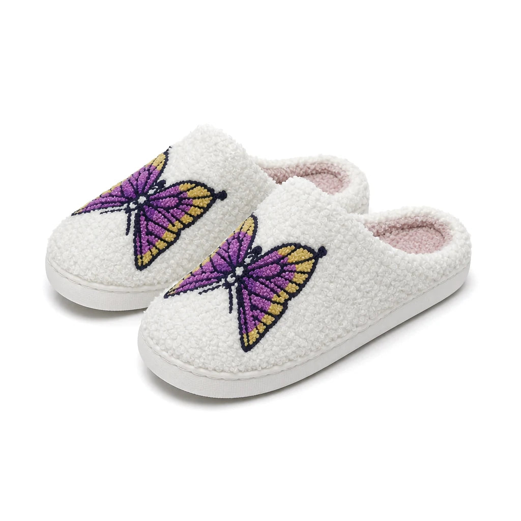 Chaussons Moumoute Papillon Violet Bochausson vue trois-quarts de la paire