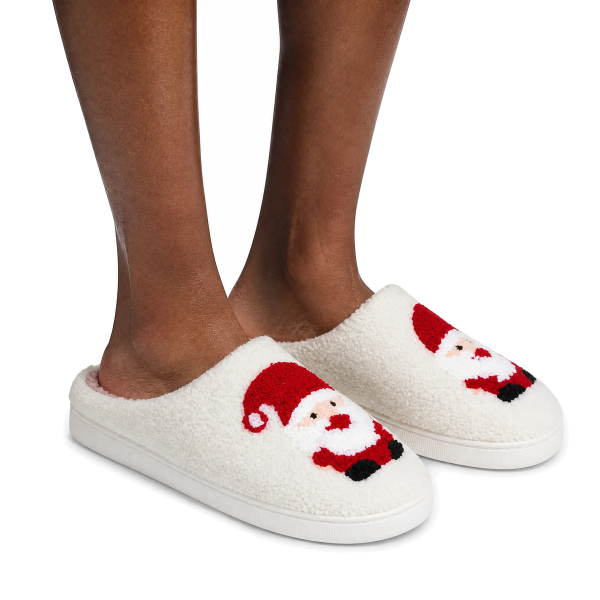 Chaussons Moumoute Père Noël Bochausson porté aux pieds, femme