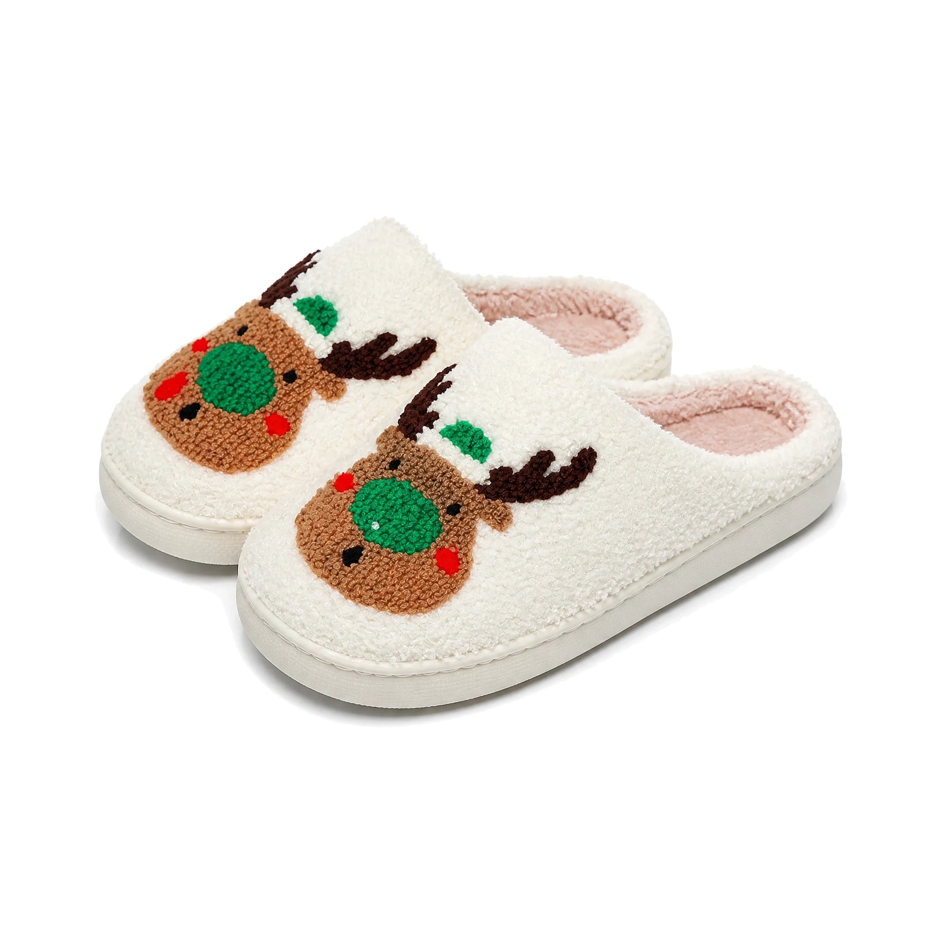 Chaussons Moumoute Renne de Noël Bochausson vue trois-quarts de la paire
