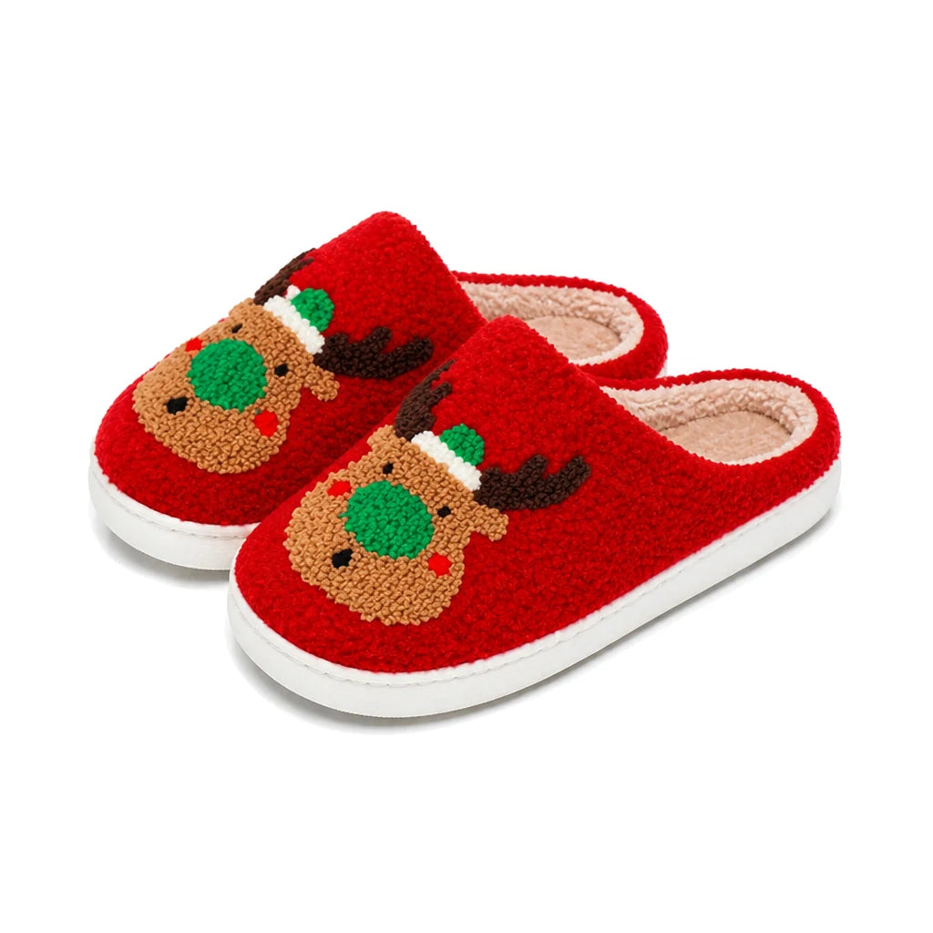 Chaussons Moumoute Renne de Noël Bochausson coloris rouge, vue trois-quarts de la paire