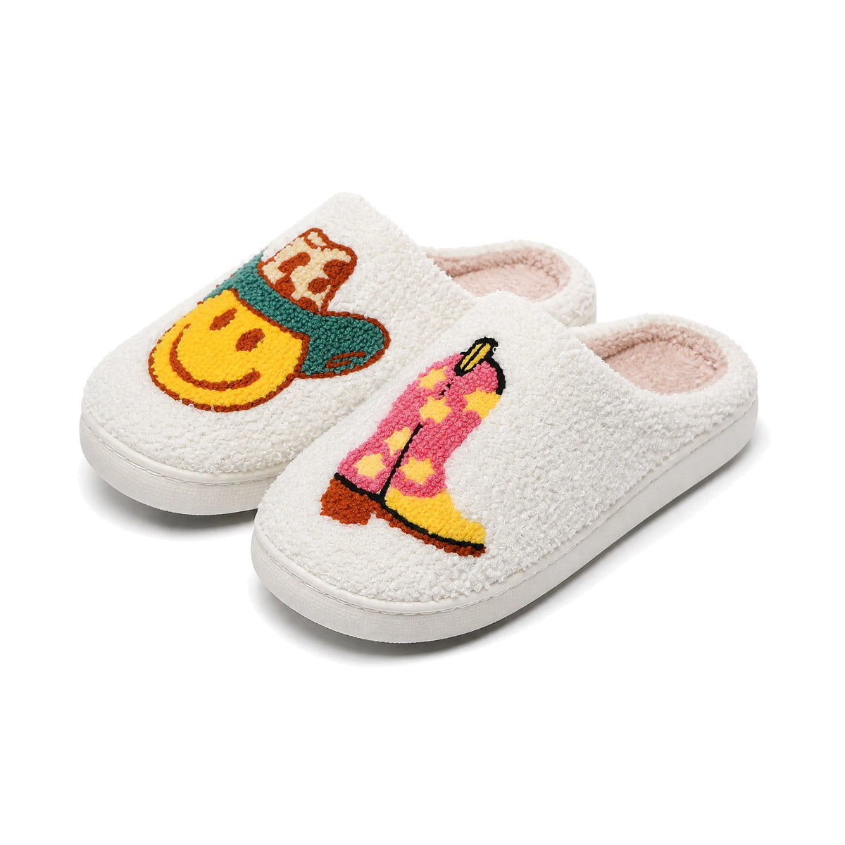 Chaussons Moumoute Smiley et Botte Bochausson vue trois-quarts de la paire