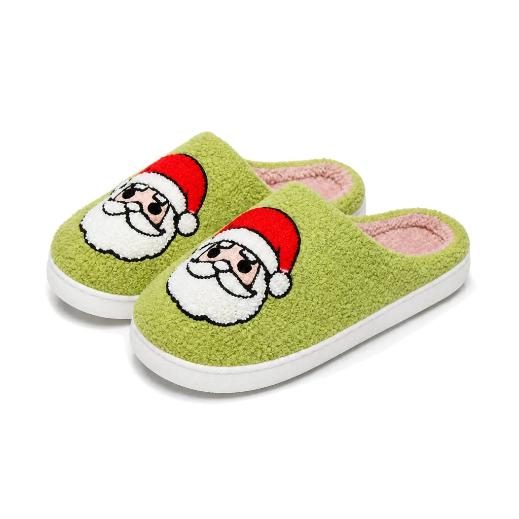Chaussons Moumoute Tête de Père Noël Bochausson coloris vert, vue trois-quarts de la paire