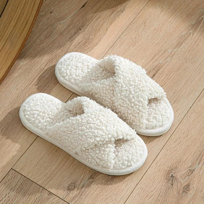 Chaussons Ouverts Effet Fourrure Bouclée Blanc cassé / 35-36