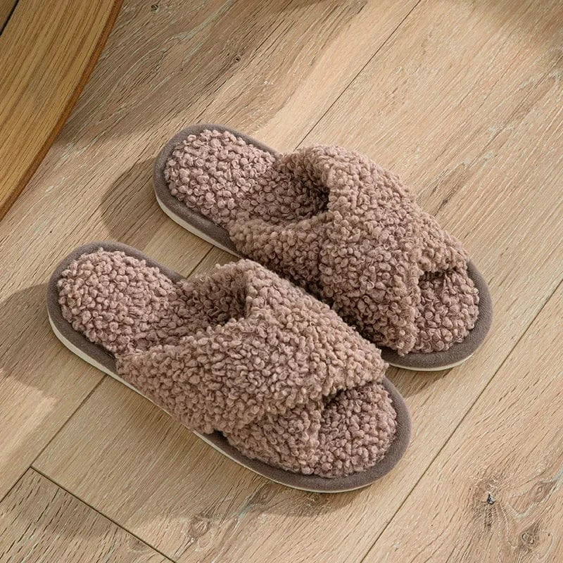 Chaussons Ouverts Effet Fourrure Bouclée Marron clair / 35-36