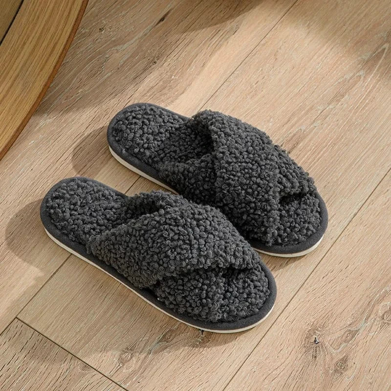 Chaussons Ouverts Effet Fourrure Bouclée Noir / 35-36