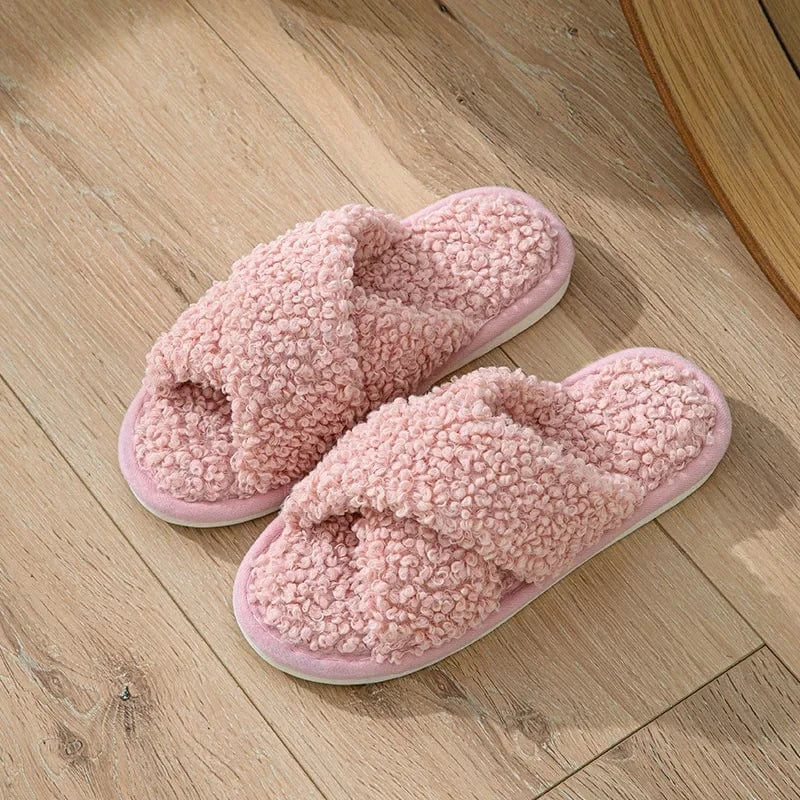Chaussons Ouverts Effet Fourrure Bouclée Rose / 35-36